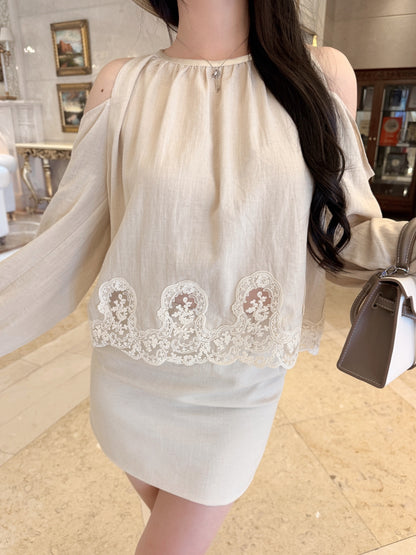 [Vacation] Halter Off-Shoulder Top and Skirt Two-Piece Set (Q1358)