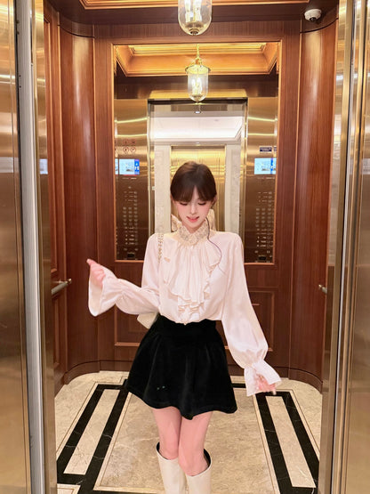 ⁠[Elegant] Stand Collar Ruffle Ribbon Satin Blouse (Q1535)⁠
