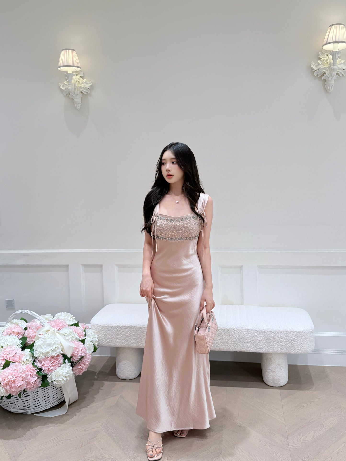 [Luxury] Beaded Satin A-Line Long Dress (QF059-1)