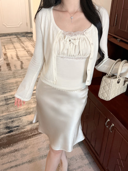 [Elegant] Lace Trim Satin High-Waist Midi Skirt (Q1355)