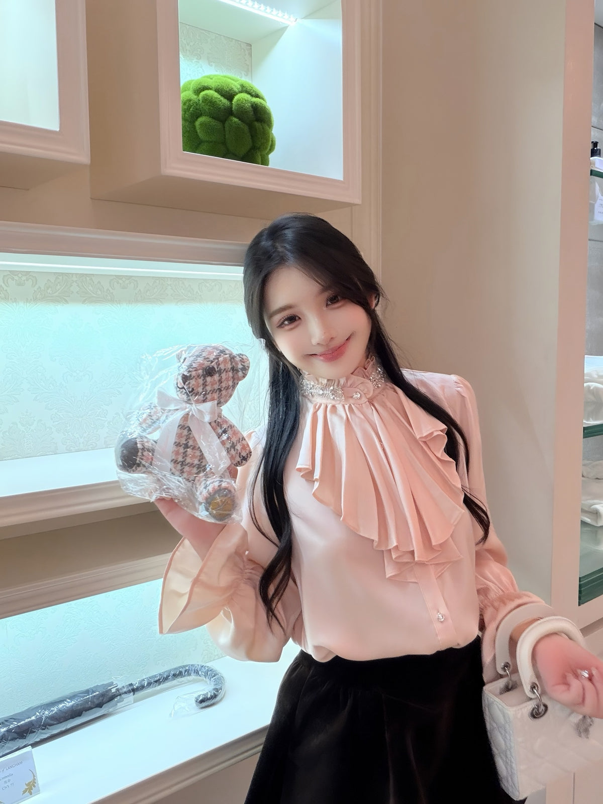 ⁠[Elegant] Stand Collar Ruffle Ribbon Satin Blouse (Q1535)⁠
