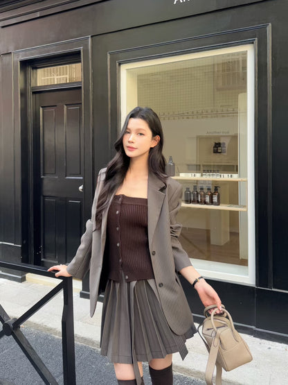 [Miu Style] Stripes Blazer + Pleated Skirt Set