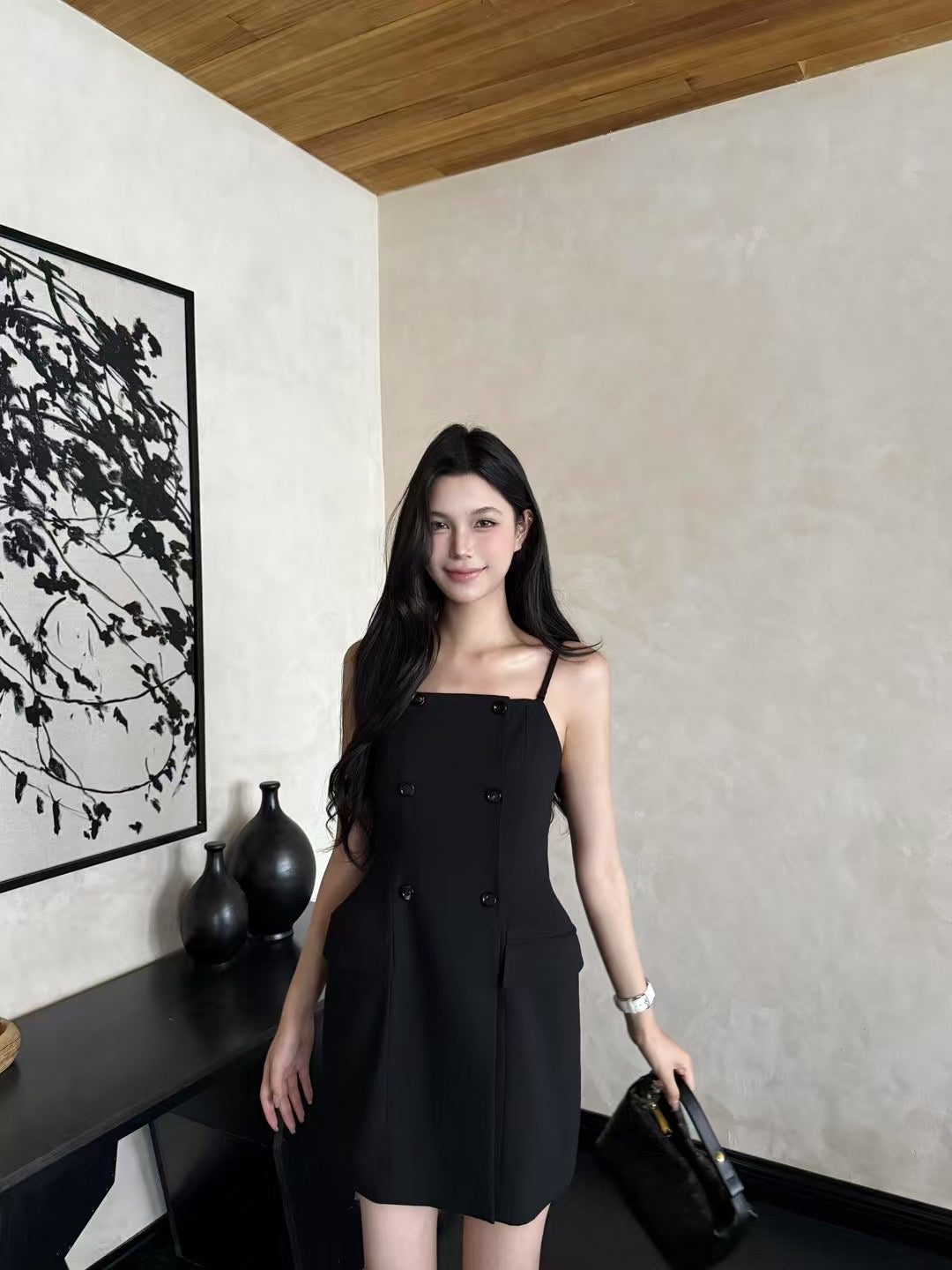 [Celebrity] Double-breasted Suspender Dress