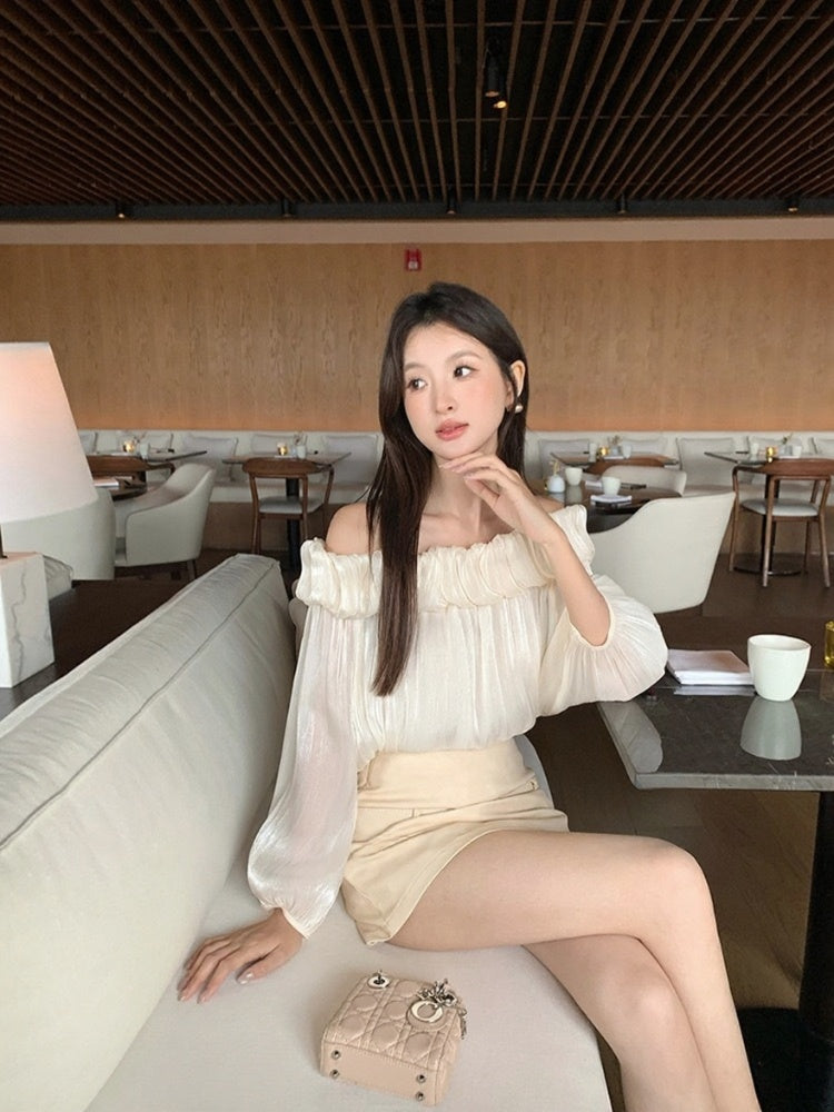 [Stylish] White Label Off-Shoulder Chiffon Top