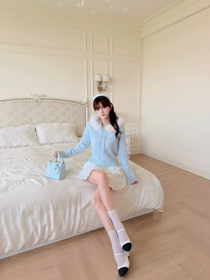 [Coquette] Fox Fur Collar Zip-Up Knit Cardigan (MY5812)