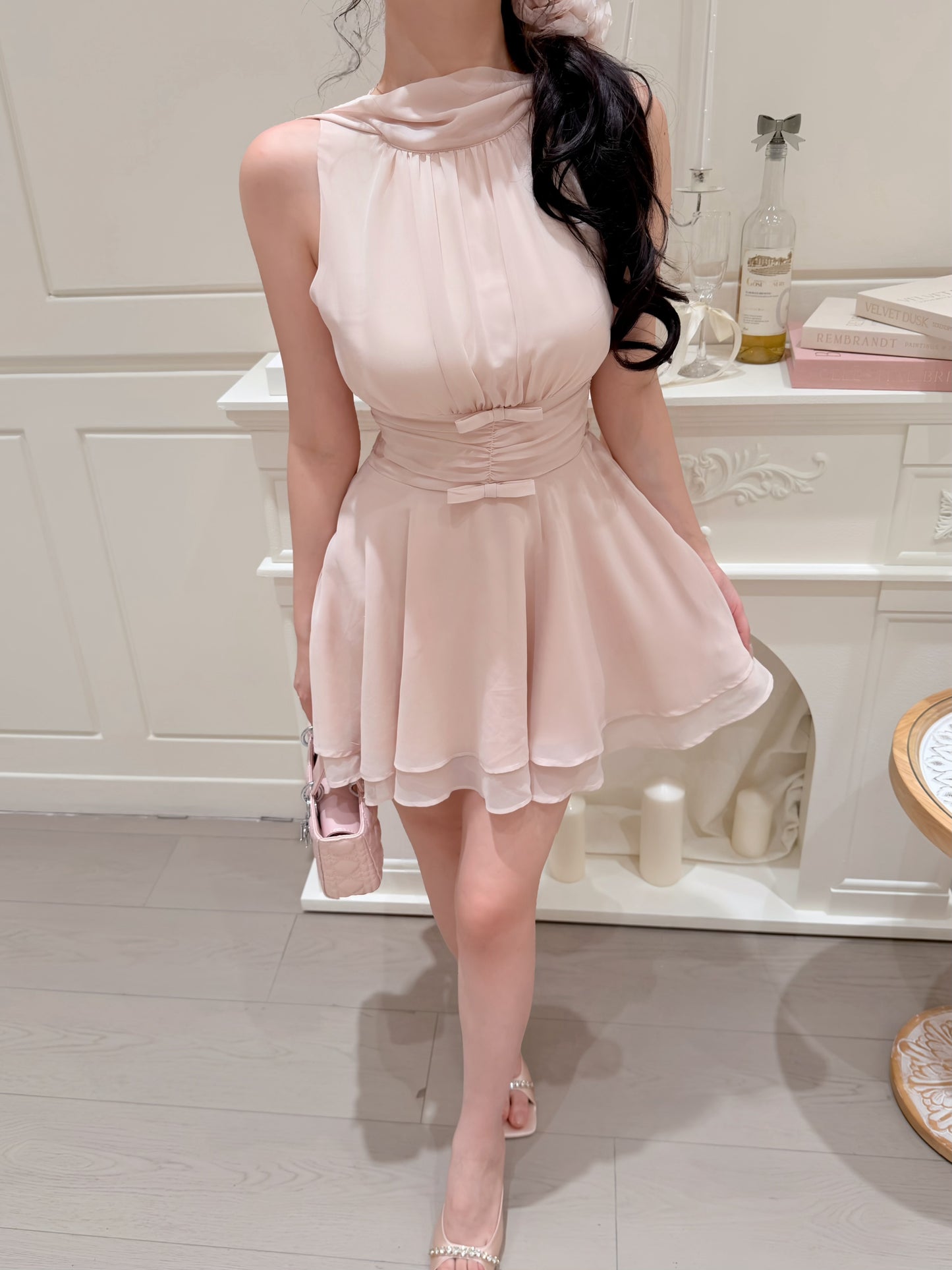 [Elegant] Chiffon Pink& Beige Dress (Q1056)