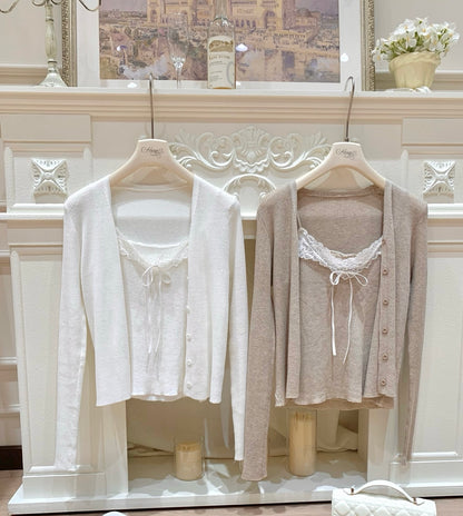 [Romantic] Lace Trim Cami and Knit Cardigan Set (QH-020)