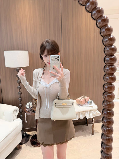 [Romantic] Lace Trim Cami and Knit Cardigan Set (QH-020)