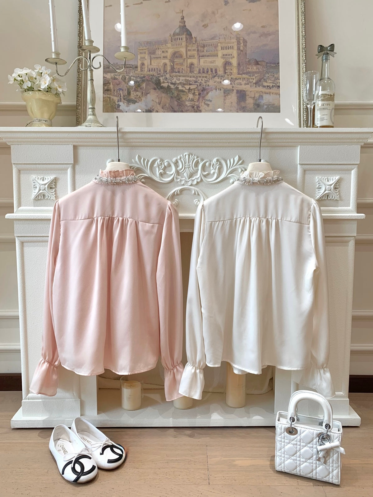 ⁠[Elegant] Stand Collar Ruffle Ribbon Satin Blouse (Q1535)⁠