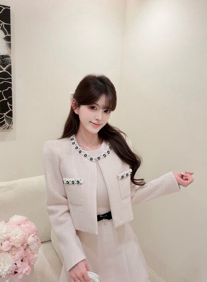 [Elegant] Pearl Tweed Crop Jacket & Skirt Set (Q1522)