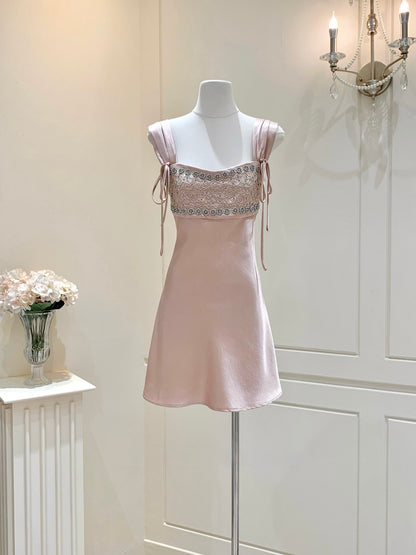 [Luxury] Beaded Satin A-Line Mini Dress (QF059)