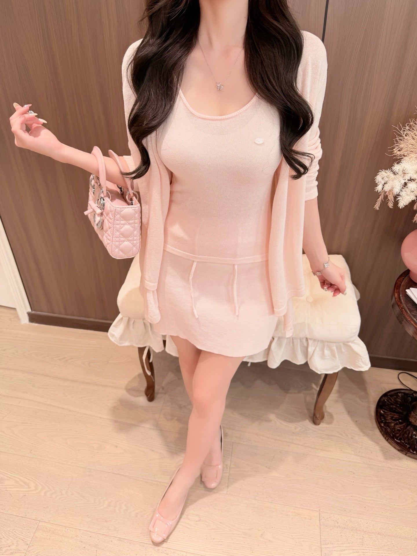 [Sweet] Soft Knit Cardigan Tank Top and Skirt Three-Piece Set (QH-015)
