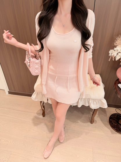 [Sweet] Soft Knit Cardigan Tank Top and Skirt Three-Piece Set (QH-015)