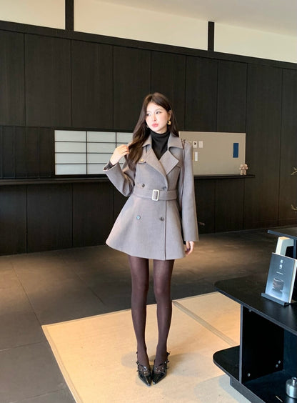 [Elegant] 10% Wool Workwear Coat with Belt