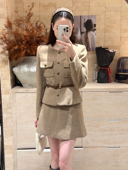 [Workwear] OL Tweed Blazer+Pleated Skirt Set (with Belt)
