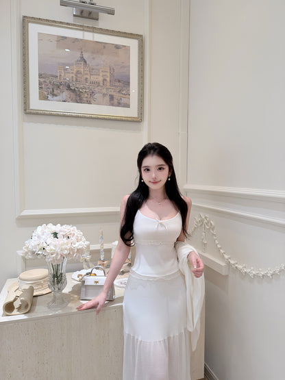 [Elegant] Ruffle Cami + Knit Cardigan + Flared Midi Skirt 3-Piece Set (QF110+QF111)