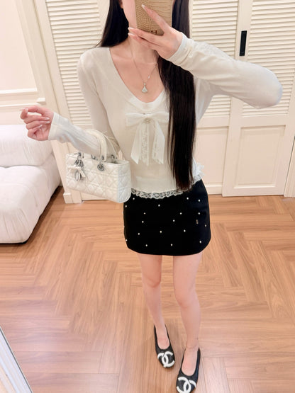 [Sweet] Wool Lace Bow V-Neck Top (MY5817)