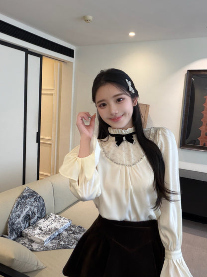 [Coquette] Pleated Chiffon Bow Blouse (Q1516)
