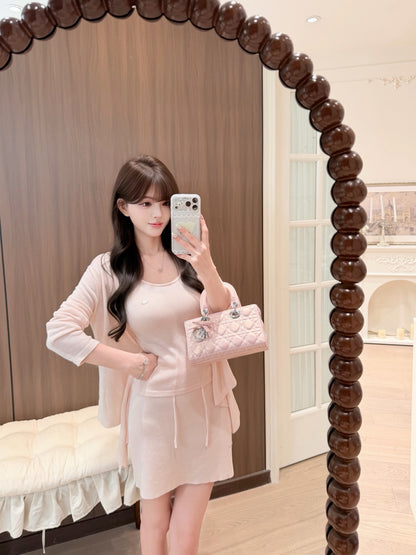 [Sweet] Soft Knit Cardigan Tank Top and Skirt Three-Piece Set (QH-015)