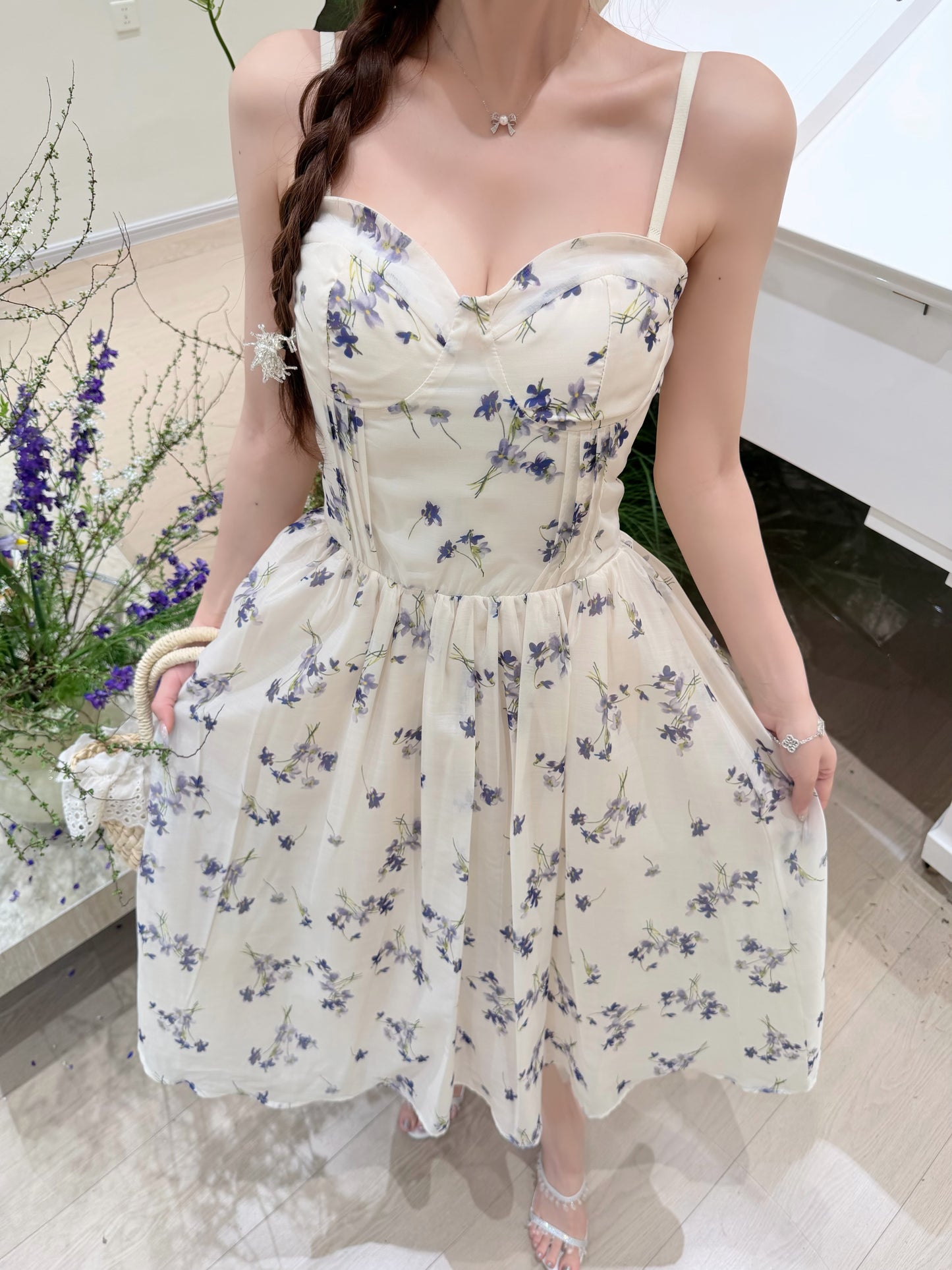 [Artistic] Purple/Blue Floral Sweetheart Neckline Dress (QF066)