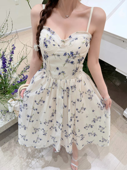 [Artistic] Purple/Blue Floral Sweetheart Neckline Dress (QF066)