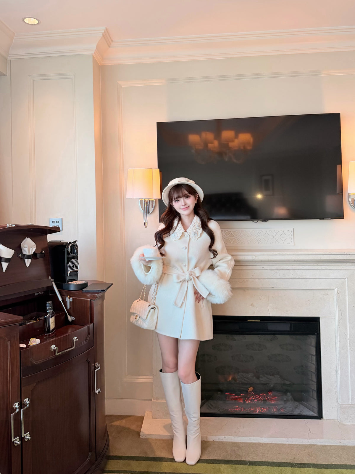 ⁠[Girly] Beaded Crochet Collar Fur Trim Belted 100% Australian Wool Coat (YRDY-015)