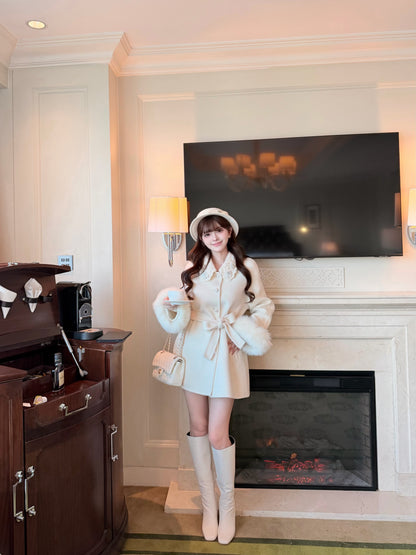 ⁠[Girly] Beaded Crochet Collar Fur Trim Belted 100% Australian Wool Coat (YRDY-015)
