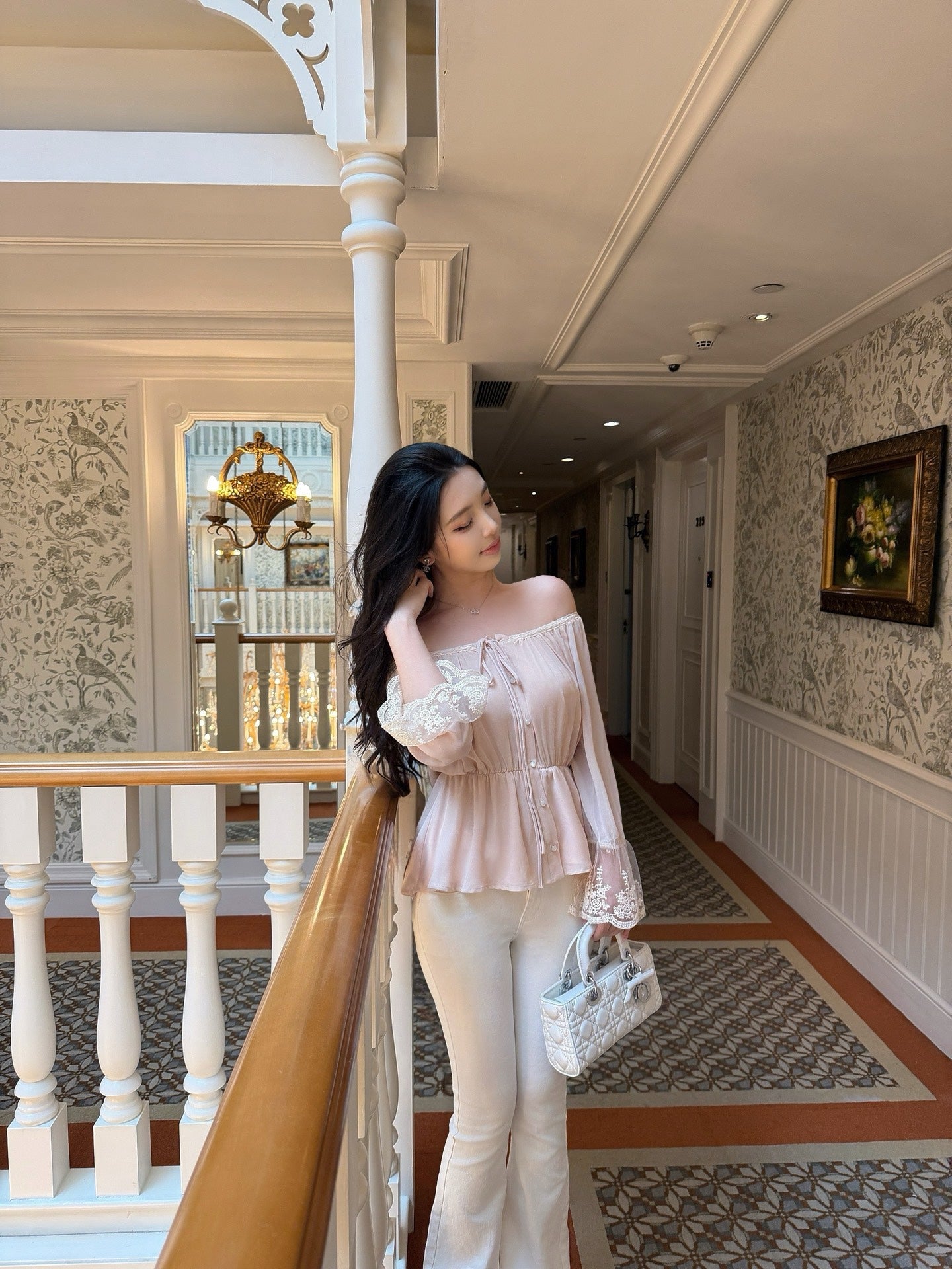 [Romantic] French Lace Trim Tie-Front Chiffon Blouse (Q1361)