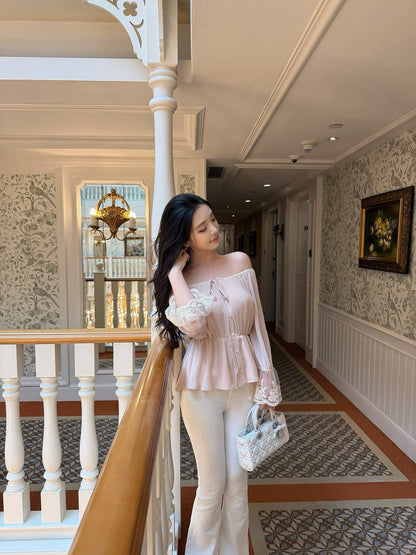 [Romantic] French Lace Trim Tie-Front Chiffon Blouse (Q1361)