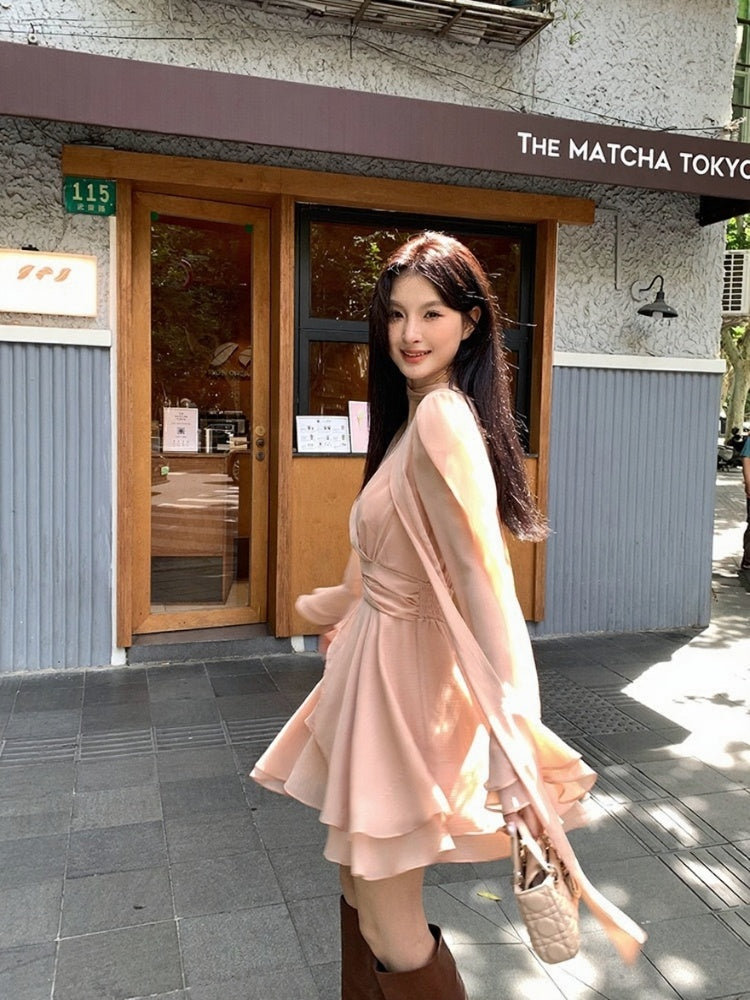 [Girly] White label V-neck Long-sleeve Elegant Dress