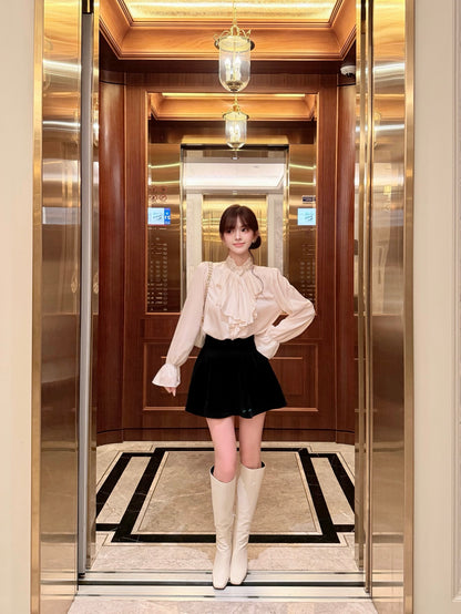 ⁠[Elegant] Stand Collar Ruffle Ribbon Satin Blouse (Q1535)⁠