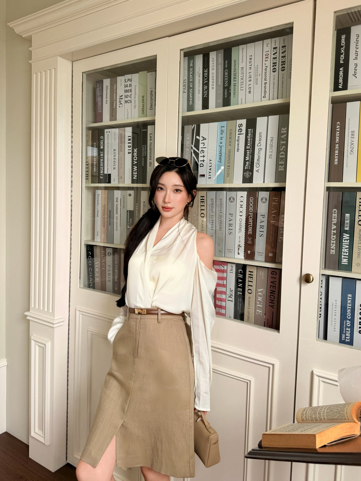 [Lumi Premium] French Silk Blouse & Linen Skirt + Belt Set