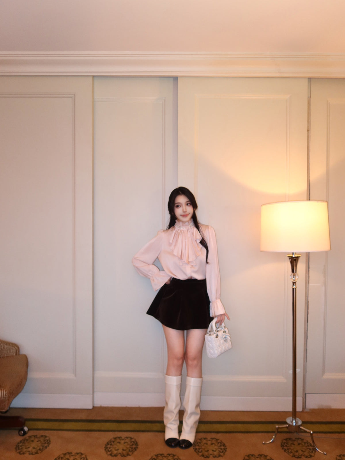 ⁠[Elegant] Stand Collar Ruffle Ribbon Satin Blouse (Q1535)⁠