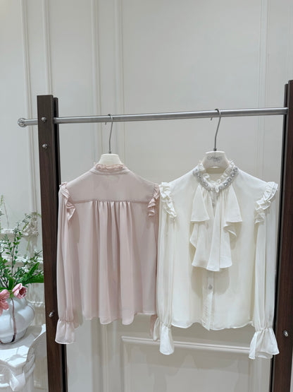 [Workwear] Ruffle Pink & Beige Chiffon Shirt (Q053)