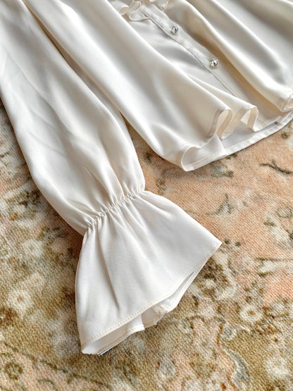 ⁠[Elegant] Stand Collar Ruffle Ribbon Satin Blouse (Q1535)⁠