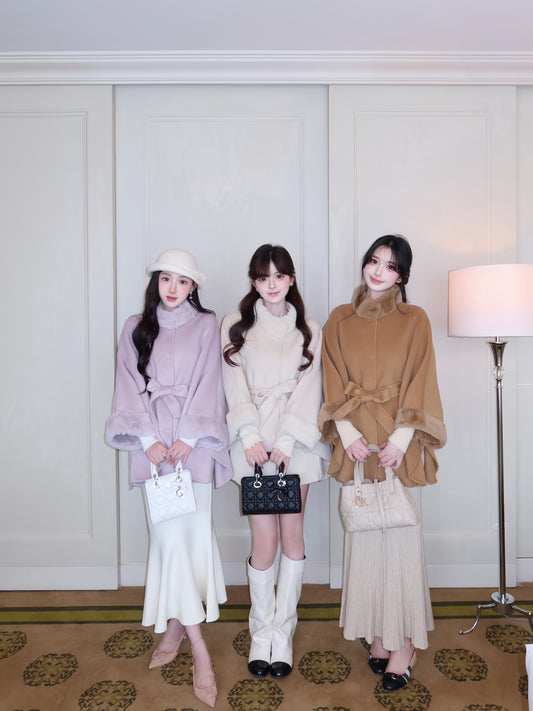 ⁠[Luxe] 10% Alpaca 80% Wool Blend Fur Collar Belted Cape Coat (YRDY-023)⁠