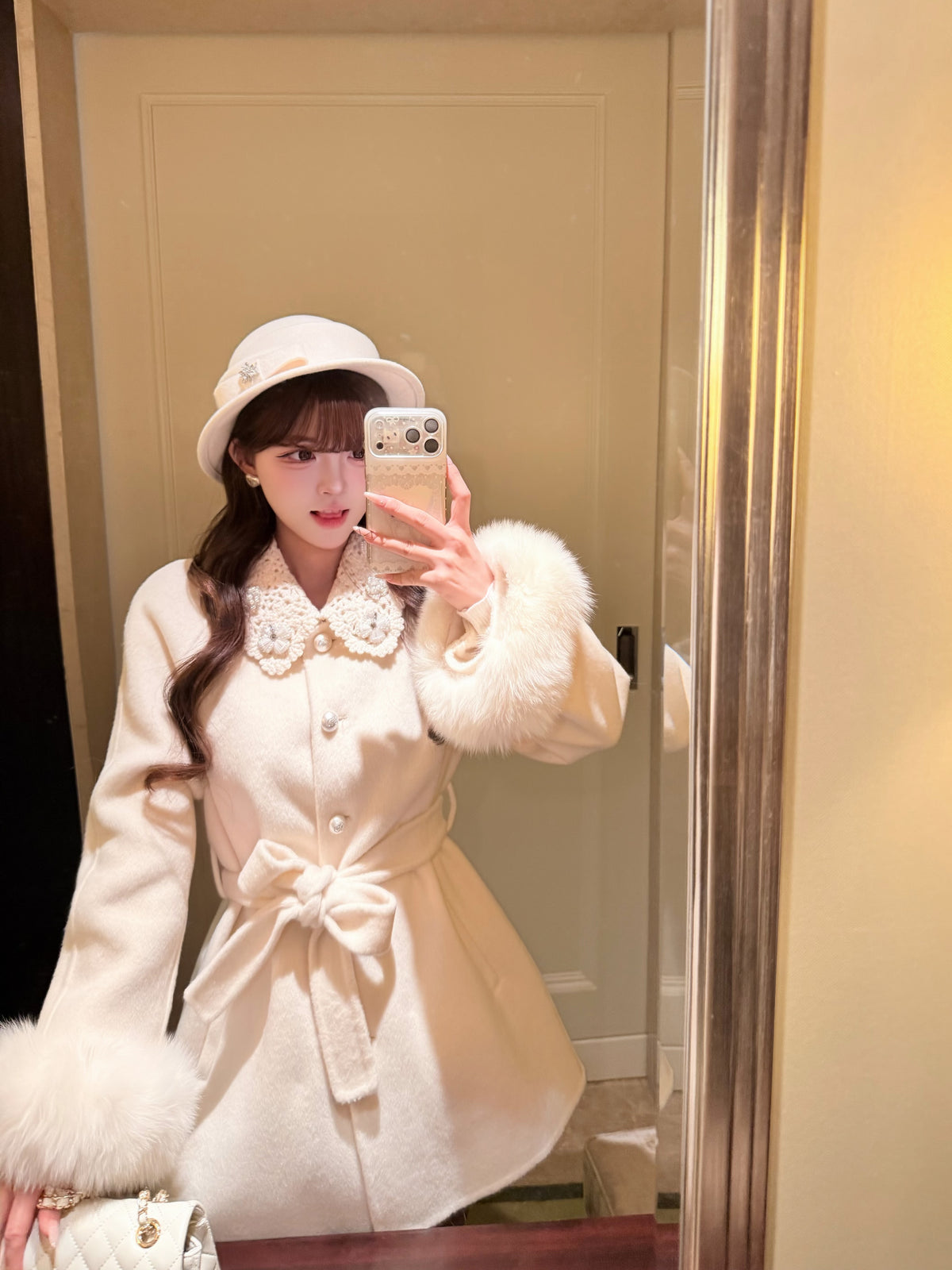 ⁠[Girly] Beaded Crochet Collar Fur Trim Belted 100% Australian Wool Coat (YRDY-015)