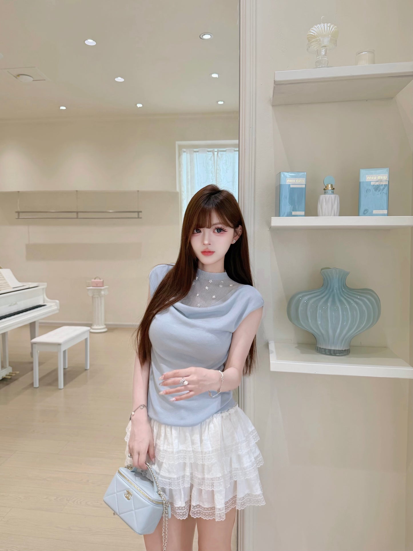 [Luxury] Handmade Pearl Cowl Neck Knit Top (QF033)