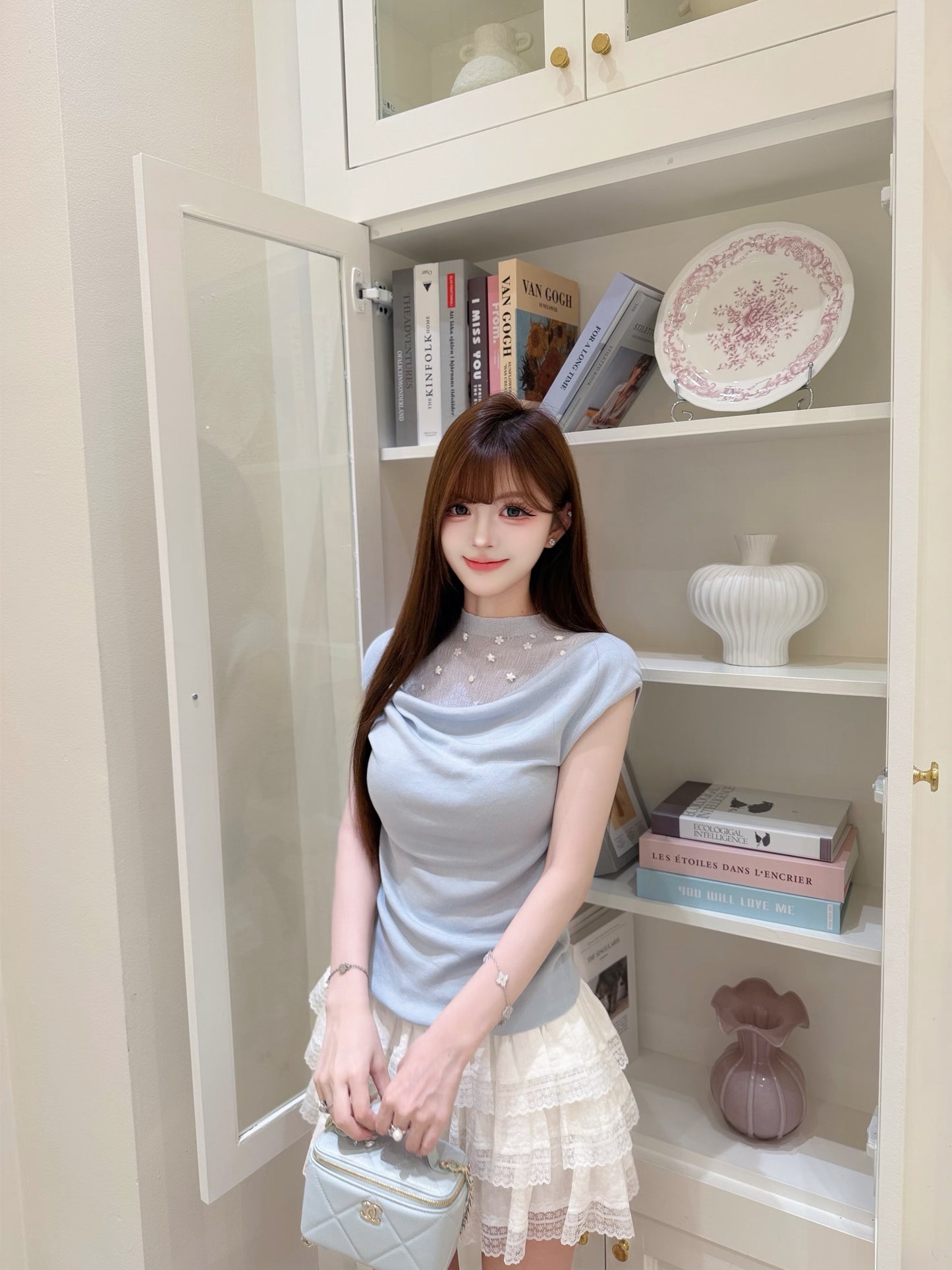 [Luxury] Handmade Pearl Cowl Neck Knit Top (QF033)