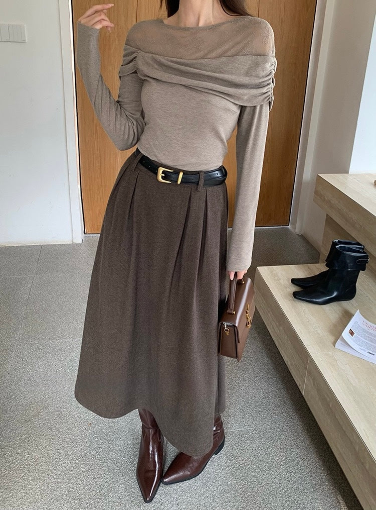 [Versatile] Pleated Long Skirt(with belt)
