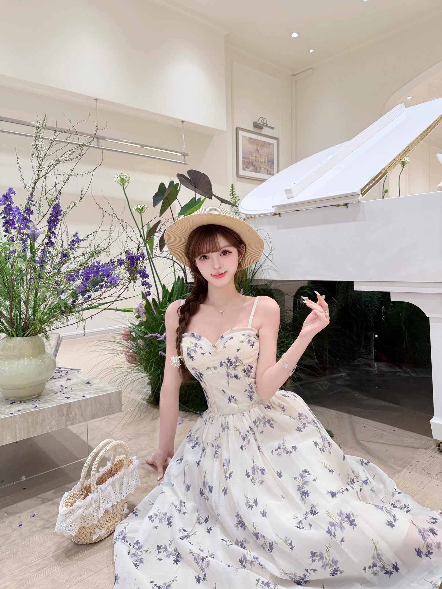 [Artistic] Purple/Blue Floral Sweetheart Neckline Dress (QF066)