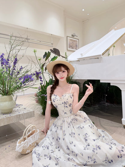 [Artistic] Purple/Blue Floral Sweetheart Neckline Dress (QF066)