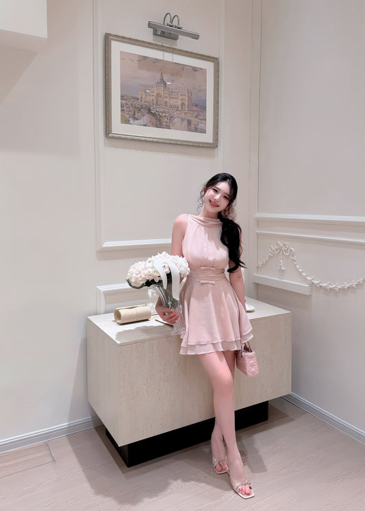 [Elegant] Chiffon Pink& Beige Dress (Q1056)