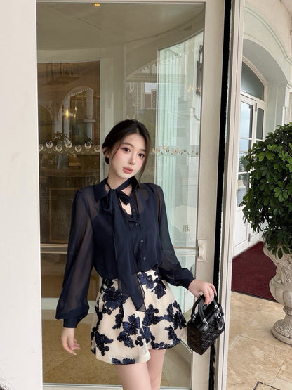 [Bestseller] French Tie-Neck Bow Chiffon Blouse (Q1382)