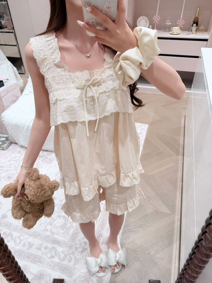 [Pajamas] Cream Lace Bow Detail 2-Piece Pajama Set (SY066)