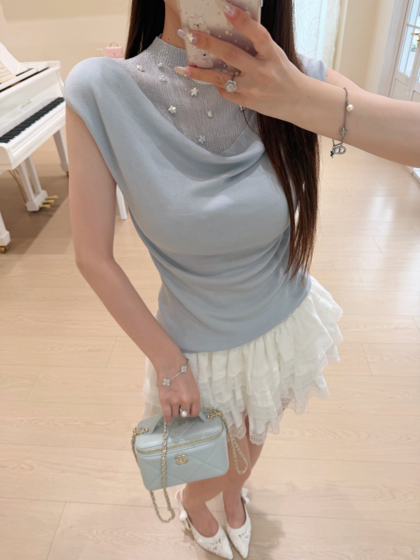 [Luxury] Handmade Pearl Cowl Neck Knit Top (QF033)