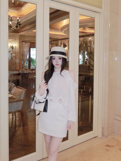[Vacation] Halter Off-Shoulder Top and Skirt Two-Piece Set (Q1358)