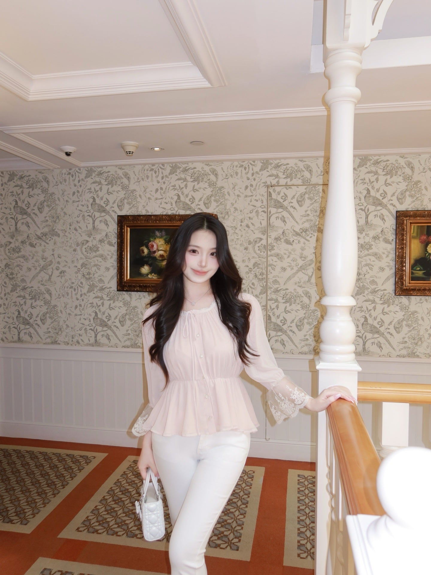 [Romantic] French Lace Trim Tie-Front Chiffon Blouse (Q1361)
