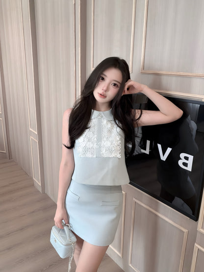 [Celebrity] Embroidered Short-sleeve Top + Skirt Set (Q1103)