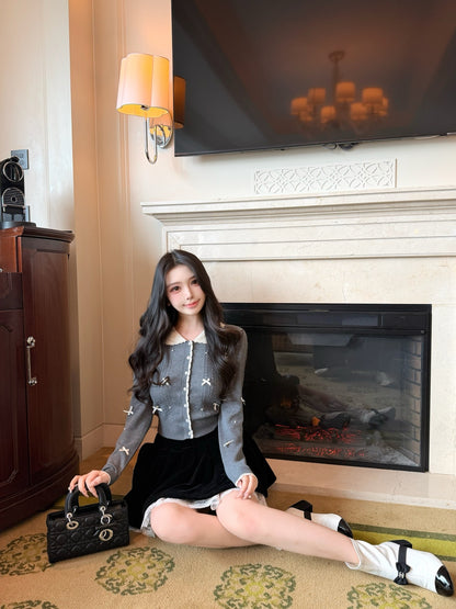 ⁠[Coquette] Doll Collar Ribbon Beaded Knit Cardigan (MY5813)⁠